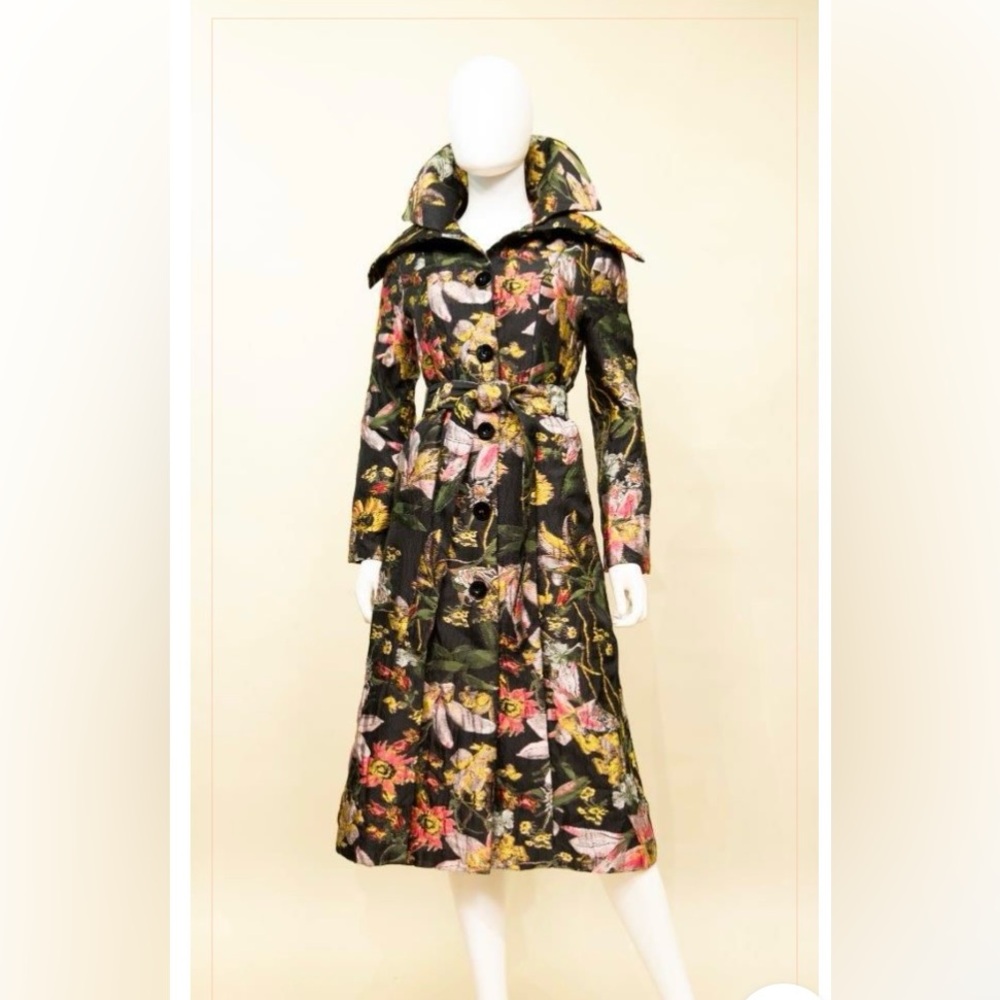 Samuel Dong Black Floral Trench Coat with Pink & Yellow Flowers